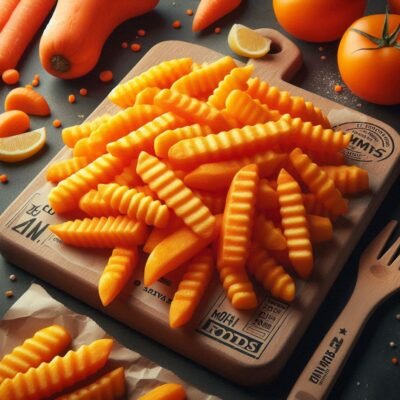 Freshly cut French fries with the brand name ZM Foods in orange color